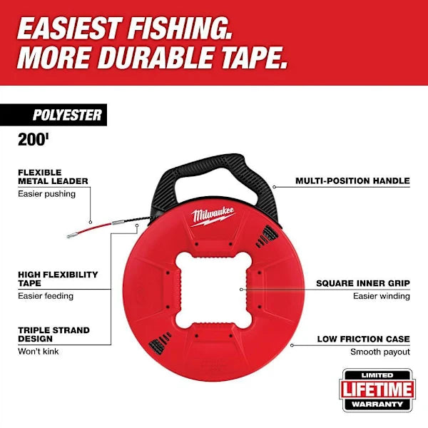 Milwaukee 200' Polyester Fish Tape With Flexible Metal Leader