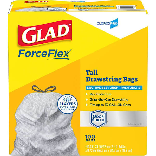 Glad Trash Bag, 13 Gal. Forceflex, Cloroxpro, Low Density, Grey, 100/Case