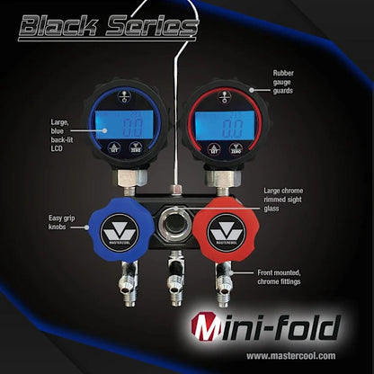 Mastercool Black Series Mini Fold COMPACT 2-Way Aluminum Manifold A2l Ready
