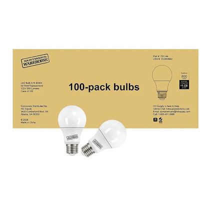 Maintenance Warehouse 60w Eq A19, Medium Base, Non Dimmable, 4000k, Cool White, Package Of 100